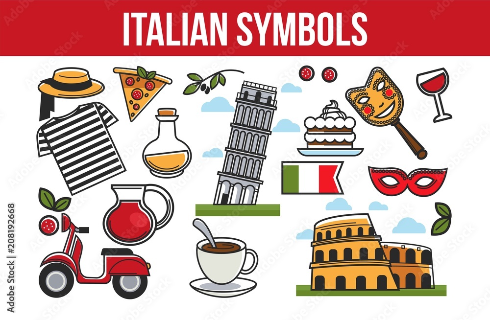 Italian national symbols promotional travel agency cartoon poster Stock