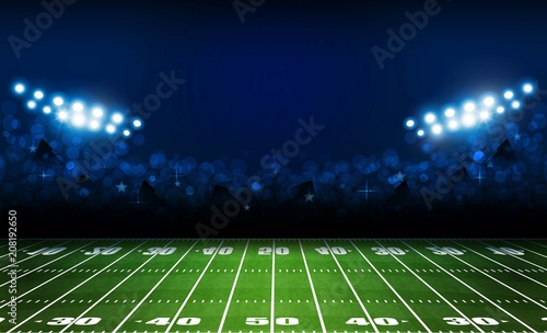 American football arena field with bright stadium lights design. Vector illumination