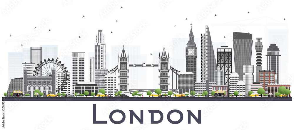 London England Skyline with Gray Buildings Isolated on White Background.