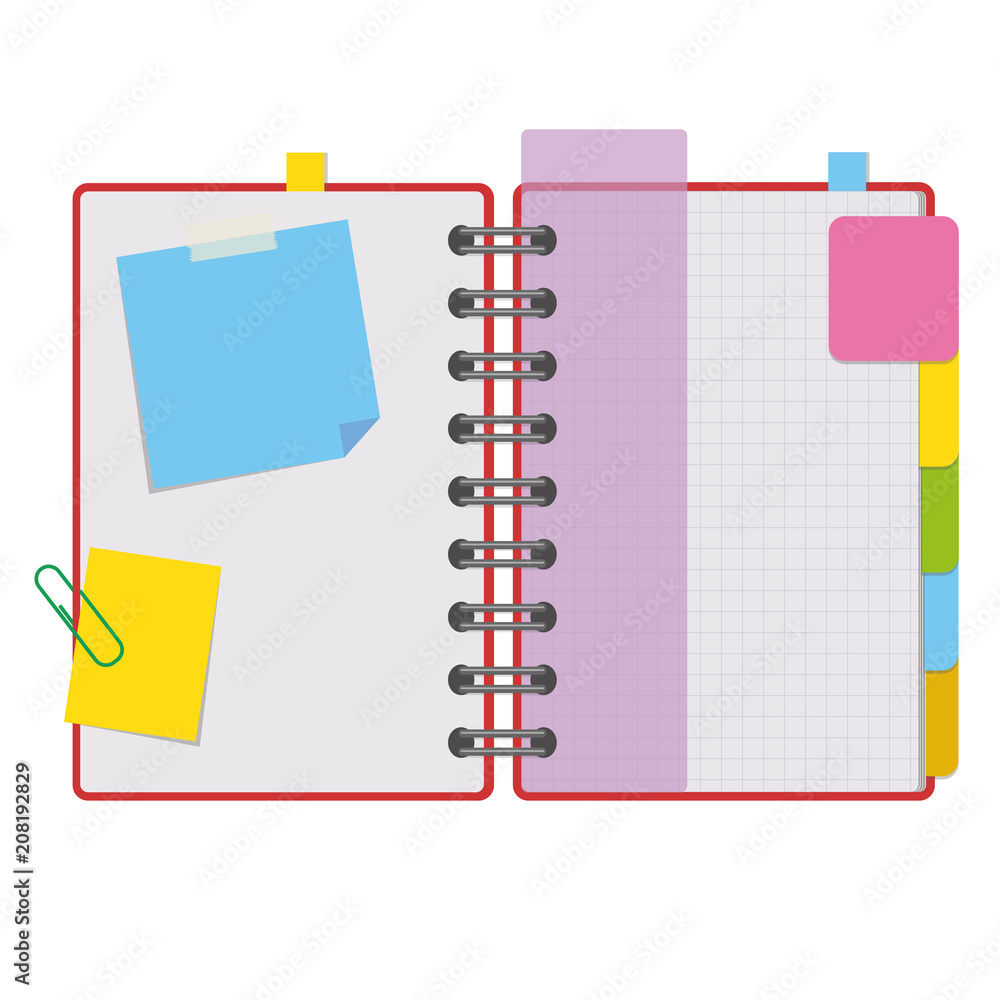 Color open notepad on rings with blank sheets and bookmarks between pages. Simple flat vector illustration isolated on white background. Color open notepad on rings with blank sheets and bookmarks between pages. Simple flat vector illustration isolated on white background.