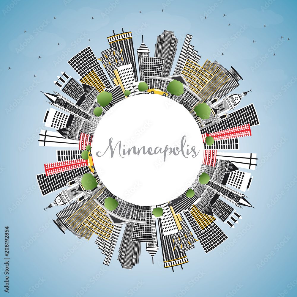 Minneapolis Minnesota USA Skyline with Color Buildings, Blue Sky and Copy Space.