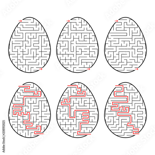 A set of labyrinths in the form of eggs. Black Stroke. A game for children. With the answer. Simple flat vector illustration isolated on white background.