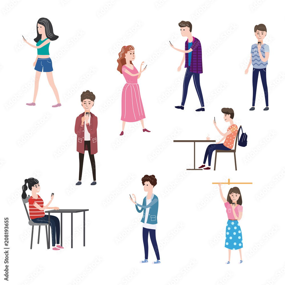 Set of characters teenagers men and women looking in smartphone, urban situations, vector, modern life, illustration, cartoon style, isolated Set of characters teenagers men and women looking in smartphone, urban situations, vector, modern life, illustration, cartoon style, isolated