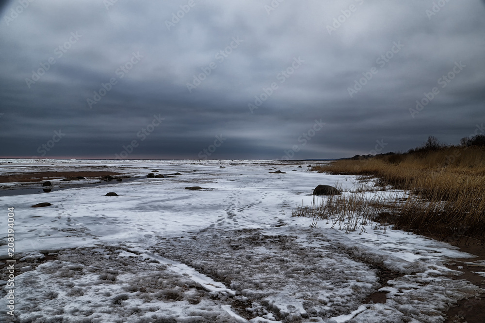 landscape with frozen sea, sandy beach and dry grass on it