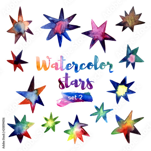 Drawn watercolor stars. Set number 2 on a white background.