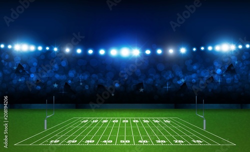 American football arena field with bright stadium lights design. Vector illumination