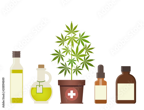 Marijuana plant and cannabis oil. Medical marijuana. Hemp oil in a glass jar. CBD oil hemp products. Oil glass bottle mock up. Isolated vector illustration.