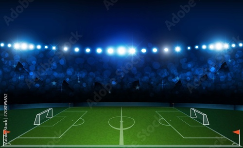 Football arena field with bright stadium lights design. Vector illumination