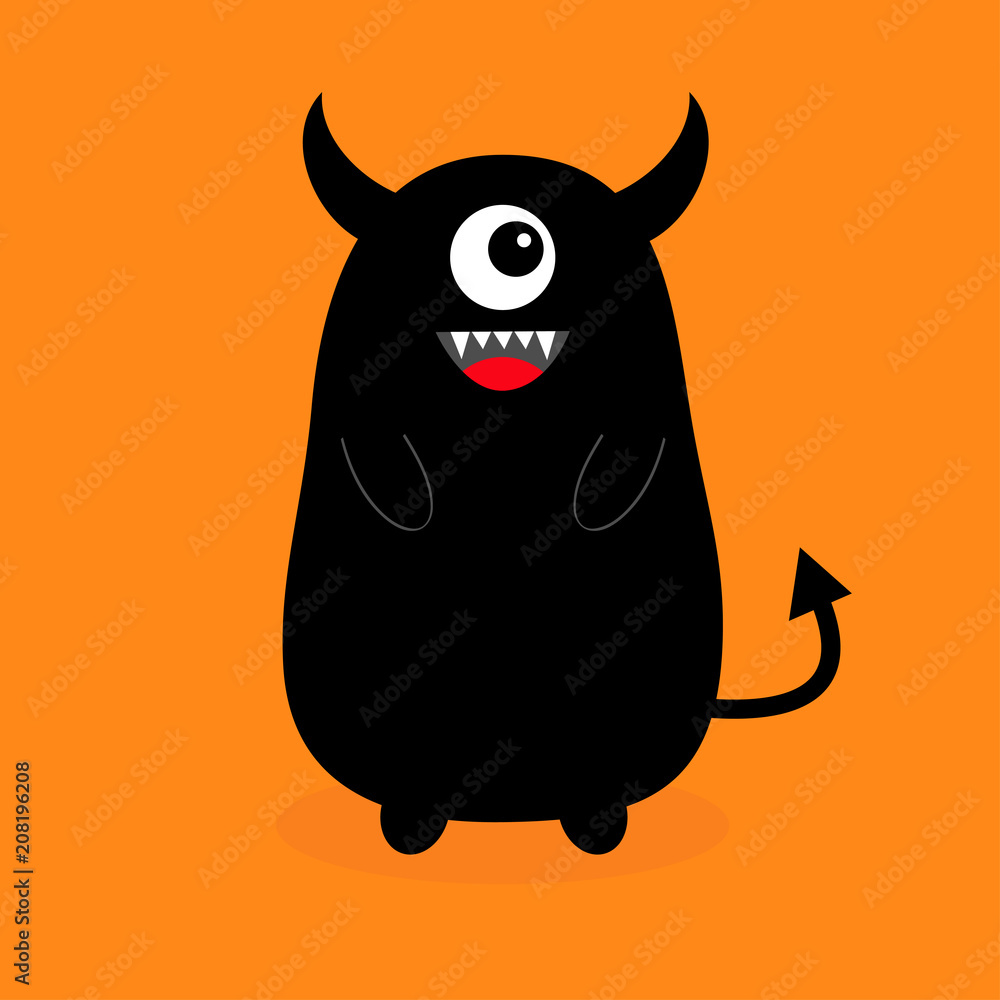 Monster black silhouette. Fang tooth. Open mouth. One eye, teeth, tongue,  hands, tail, horns. Funny Cute cartoon baby character. Happy Halloween.  Flat design. Orange background. Isolated. Stock Vector | Adobe Stock