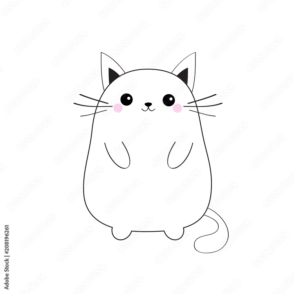 White cute sitting cat baby kitten. Contour silhouette. Kawaii animal. Cartoon  kitty character. Funny face with eyes, mustaches, nose, ears. Love Greeting  card. Flat design. White background Isolated. Stock Vector | Adobe