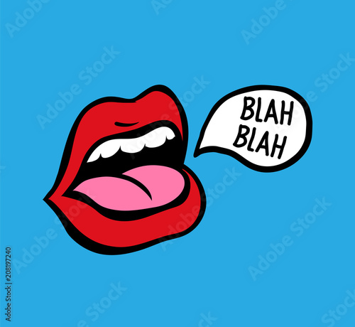 Pop art vector speaking red lips. Tongue sticking out