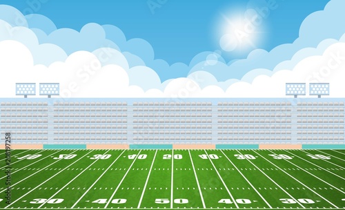 American football arena field with day design. Vector illumination