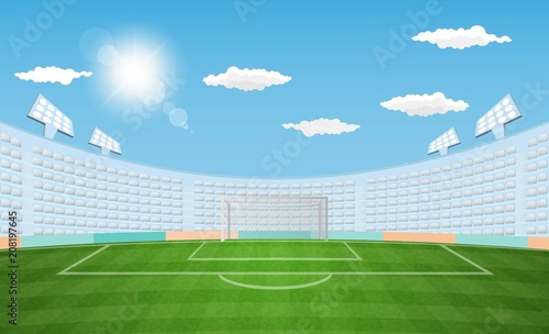 Football arena field with lights sun daytime vector design. Vector illustration