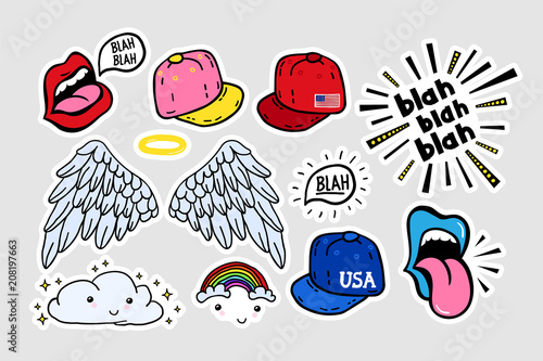 Comic cute stickers, patches in 70 s 80 s, 90 s pop art