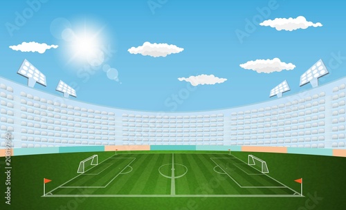 Football arena field with lights sun daytime vector design. Vector illustration