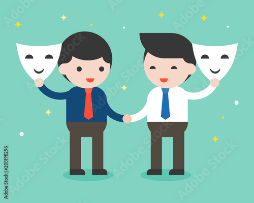 Quadro em tela Two businessman shake hand and open mask, sincere business people concept, flat