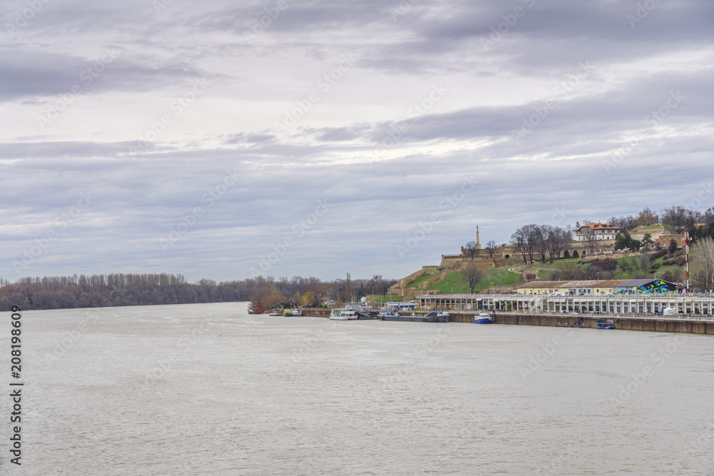 BELGRADE, SERBIA - NOVEMBER 4, 2017: Old Kalemegdan fortress city view from the brige with river Sava, Serbia