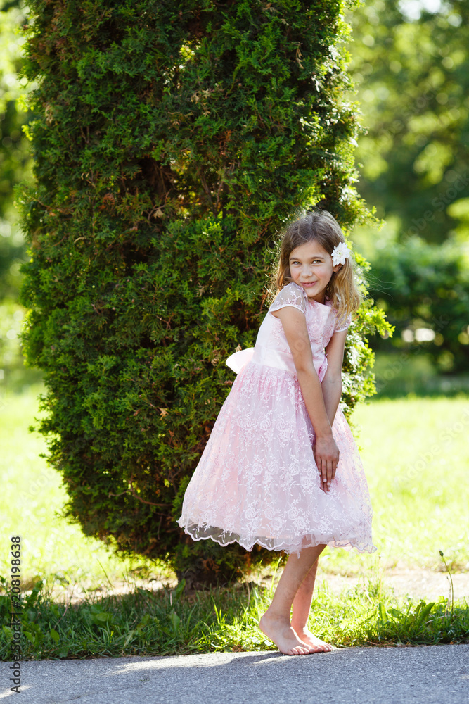 Portrait of a cheerful girl in a lush pink dress in the park. Portrait of a cheerful girl in a lush pink dress in the park.