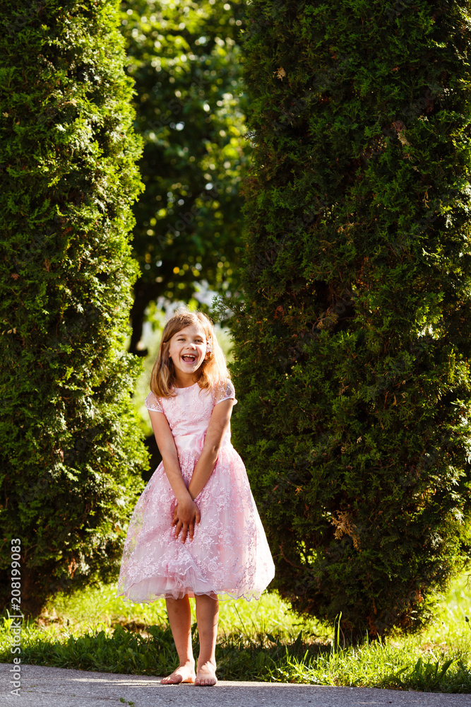 Portrait of a cheerful girl in a lush pink dress in the park. Portrait of a cheerful girl in a lush pink dress in the park.