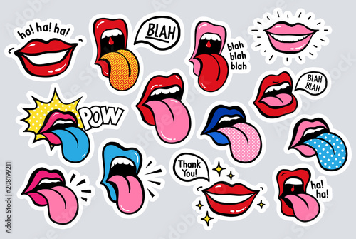 Youth lips stickers, patches in 70 s 80 s, pop art