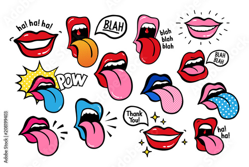 Youth lips stickers, patches in 70 s 80 s, pop art