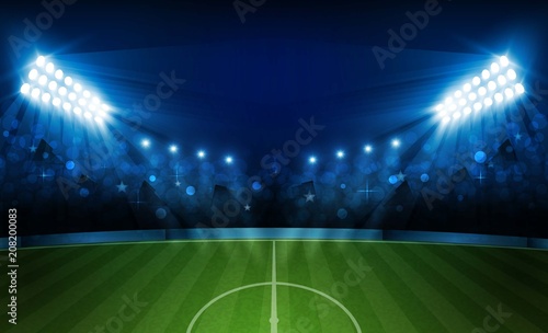Football arena field with bright stadium lights vector design. Vector illumination
