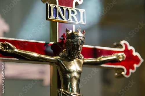 Holy cross with crucified Jesus Christ with the inscription: INRI Iesus Nazarenus, Rex Iudaeorum photo