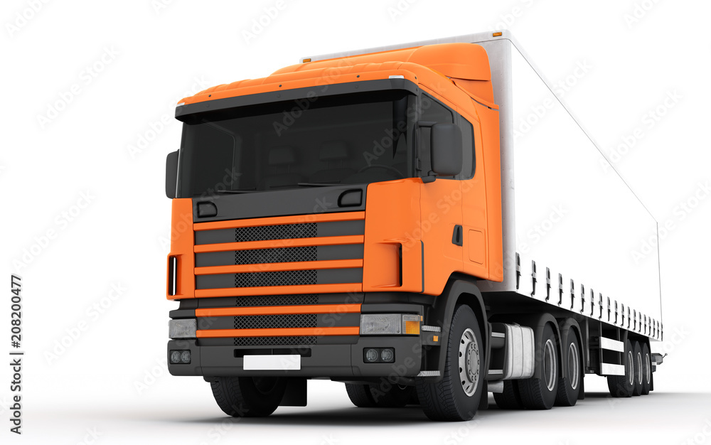 Fototapeta premium Logistics concept. Cargo truck transporting goods moving from right to left isolated on white background. Front perspective view. 3D illustration