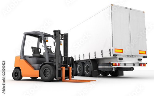 Delivery and logistics concept. Forklift at foreground with tilt van truck at background at warehouse isolated on white background. Front perspective view. 3D illustration