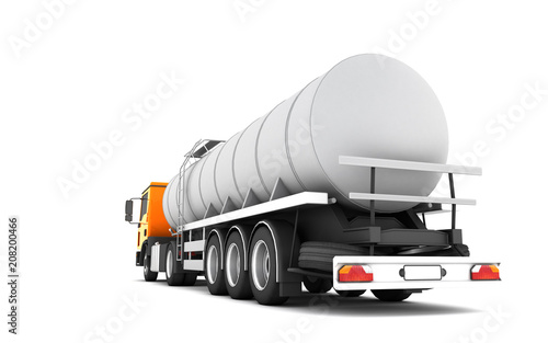 Logistics concept. Fuel truck moving from right to left isolated on white background. Rear view. 3D illustration