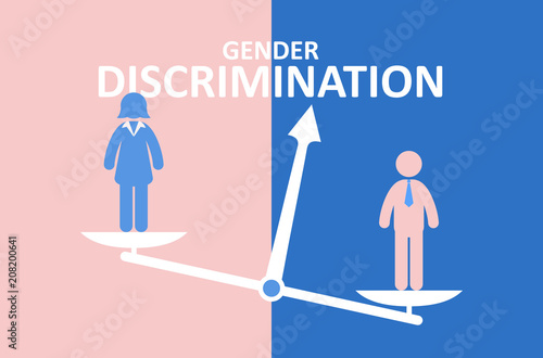 Gender discrimination concept. Male and female standing on balance. 