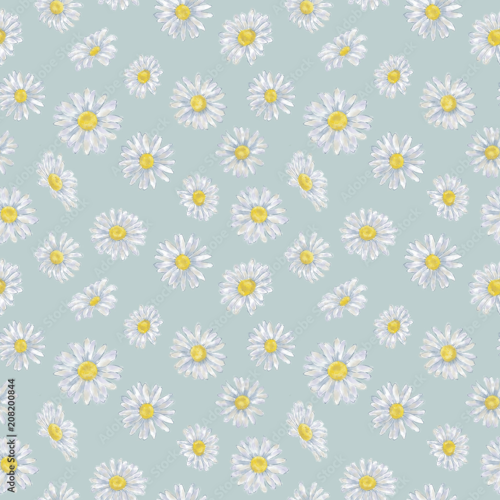 Daisy Seamless Pattern on Pastel Blue Background. Seamless Pattern with Chamomiles on Blue for Prints, Backgrounds, and Textile. Daisy Seamless Pattern on Pastel Blue Background. Seamless Pattern with Chamomiles on Blue for Prints, Backgrounds, and Textile.