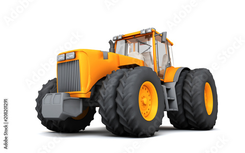Orange wheel harvesting tracktor moving from right to left isolated on white background. 3D illustration. Front side view. Perspective
