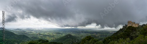 Mallorca, Monastery Sant Salvador with dark clouds on top of mountain XXL panorama