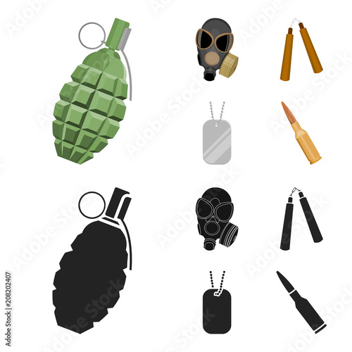 Gas mask, nunchak, ammunition, soldier token. Weapons set collection icons in cartoon,black style vector symbol stock illustration web. photo