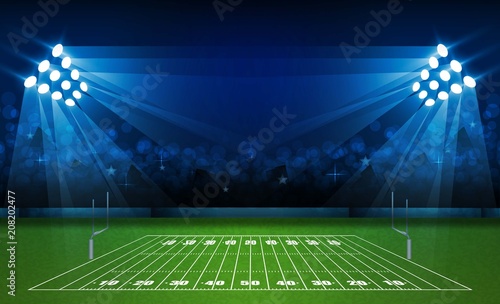 American football arena field with bright stadium lights design. Vector illumination