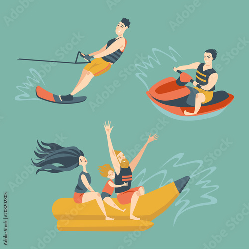 Set of summer water activities. Banana boat, water bike, water ski.Vector illustration in cartoon style