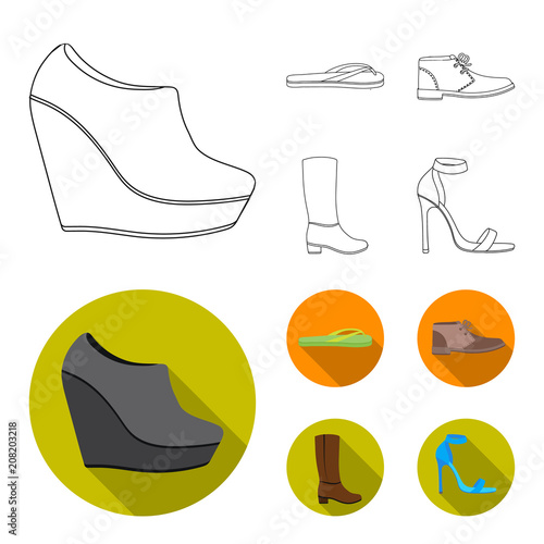 Autumn black shoes on a high platform, flip-flops green for relaxation, sandy men autumn shoes, high brown boots. Shoes set collection icons in outline,flat style vector symbol stock illustration web.