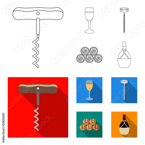 Corkscrew, alcohol counter, barrels in the vault, a glass of white wine. Wine production set collection icons in outline,flat style vector symbol stock illustration web. photo