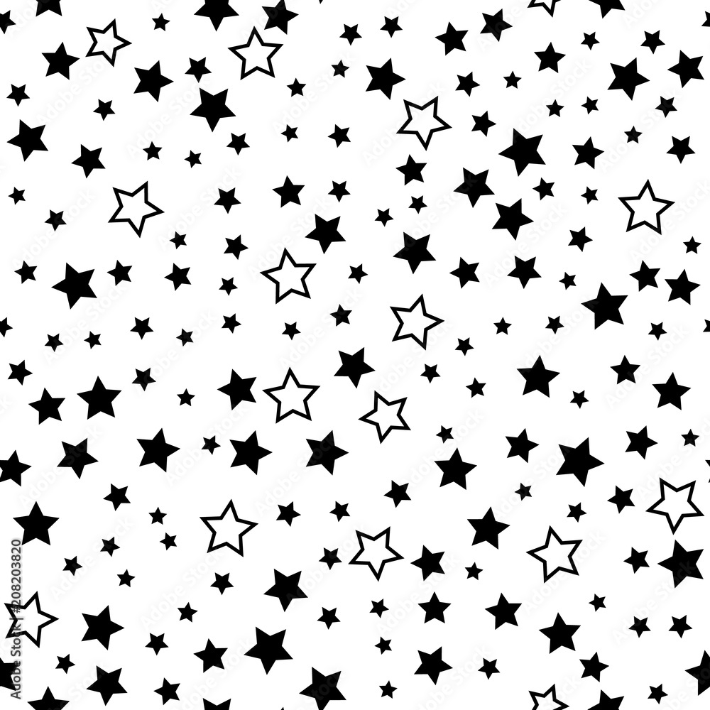 Star seamless pattern. Black stars on white retro background. Chaotic elements. For web, print, wallpaper, wrapping, fashion fabric, textile design, for invitation card, holiday decor Star seamless pattern. Black stars on white retro background. Chaotic elements. For web, print, wallpaper, wrapping, fashion fabric, textile design, for invitation card, holiday decor
