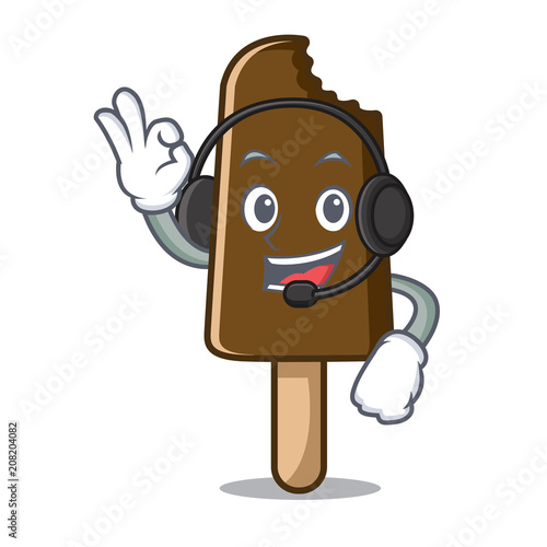 With headphone chocolate ice cream mascot cartoon