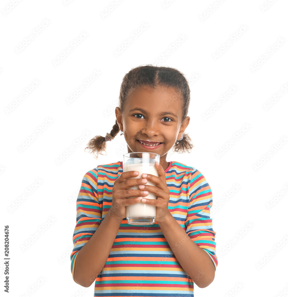 Adorable African-American girl with glass of milk on white background Adorable African-American girl with glass of milk on white background