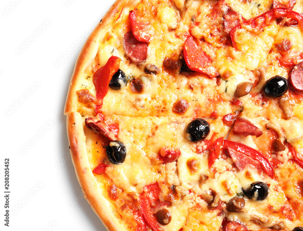 Delicious pizza with olives and sausages on white background Delicious pizza with olives and sausages on white background