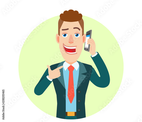 Businessman pointing his finger at the mobile phone that he talks