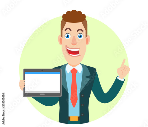 Businessman holding tablet PC and pointing up