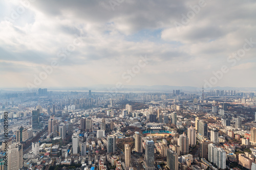Aerial view over the Nanjing city  urban architectural landscape