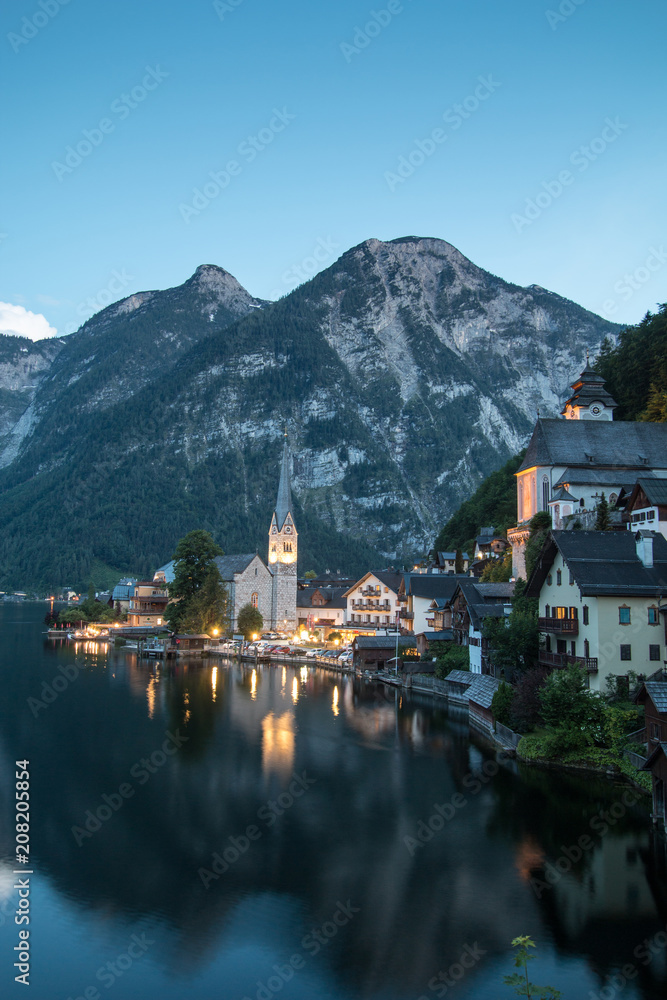 Beautiful Hallstatt village in evening in Austria