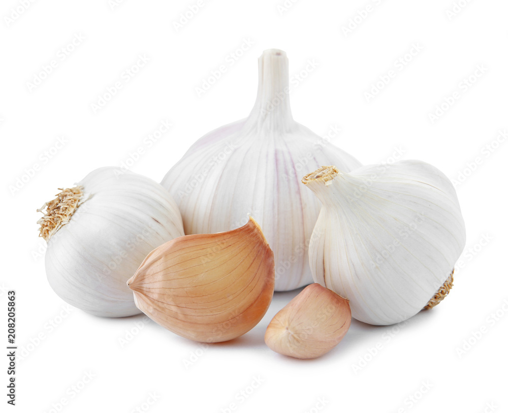 Fresh garlics on white background. Organic food Fresh garlics on white background. Organic food