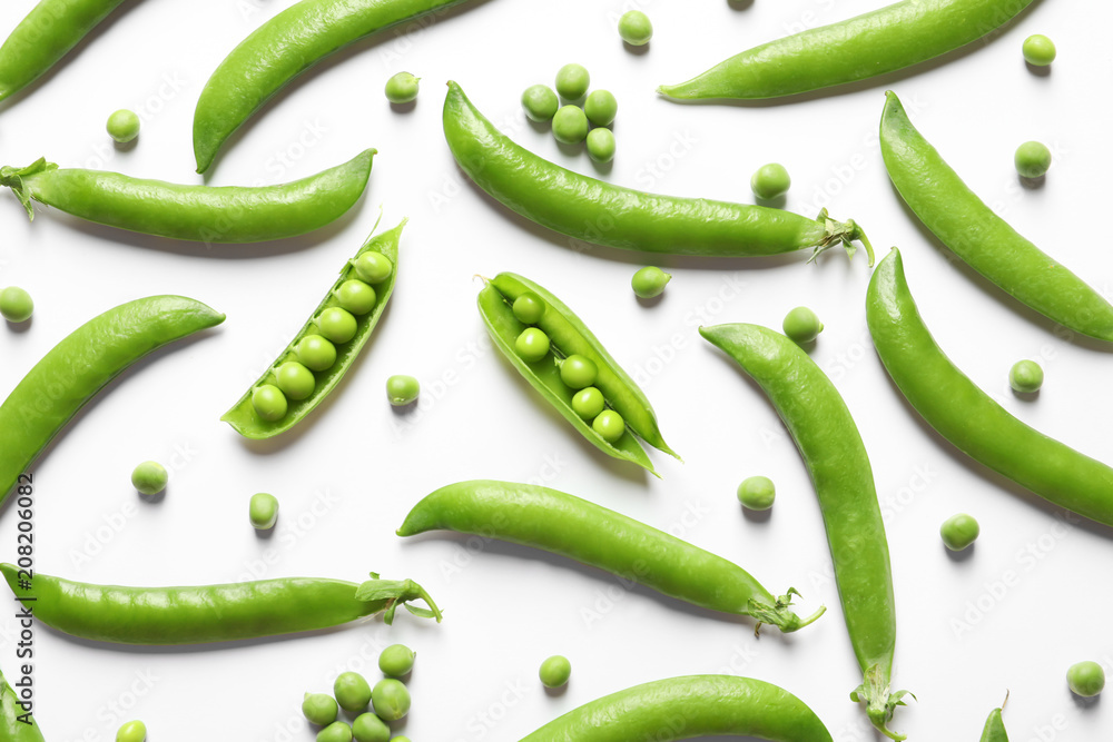 Flat lay composition with fresh peas on white background Flat lay composition with fresh peas on white background