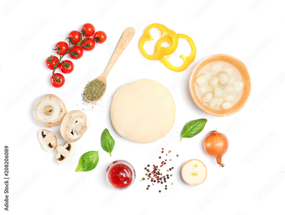 Dough and ingredients for pizza on white background, top view - obrazy, fototapety, plakaty 